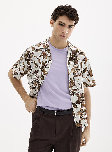 Le 31: La chemise lin fleurs exotiques <b>Coupe confort</b> Brun pour homme