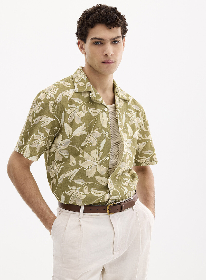 Le 31: La chemise lin fleurs exotiques <b>Coupe confort</b> Vert pour homme
