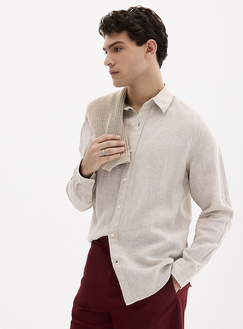 Le 31 White 100% European linen long-sleeve shirt <b>Comfort fit</b> for men