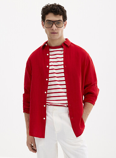 Le 31 Red 100% European linen long-sleeve shirt <b>Modern fit</b> for men