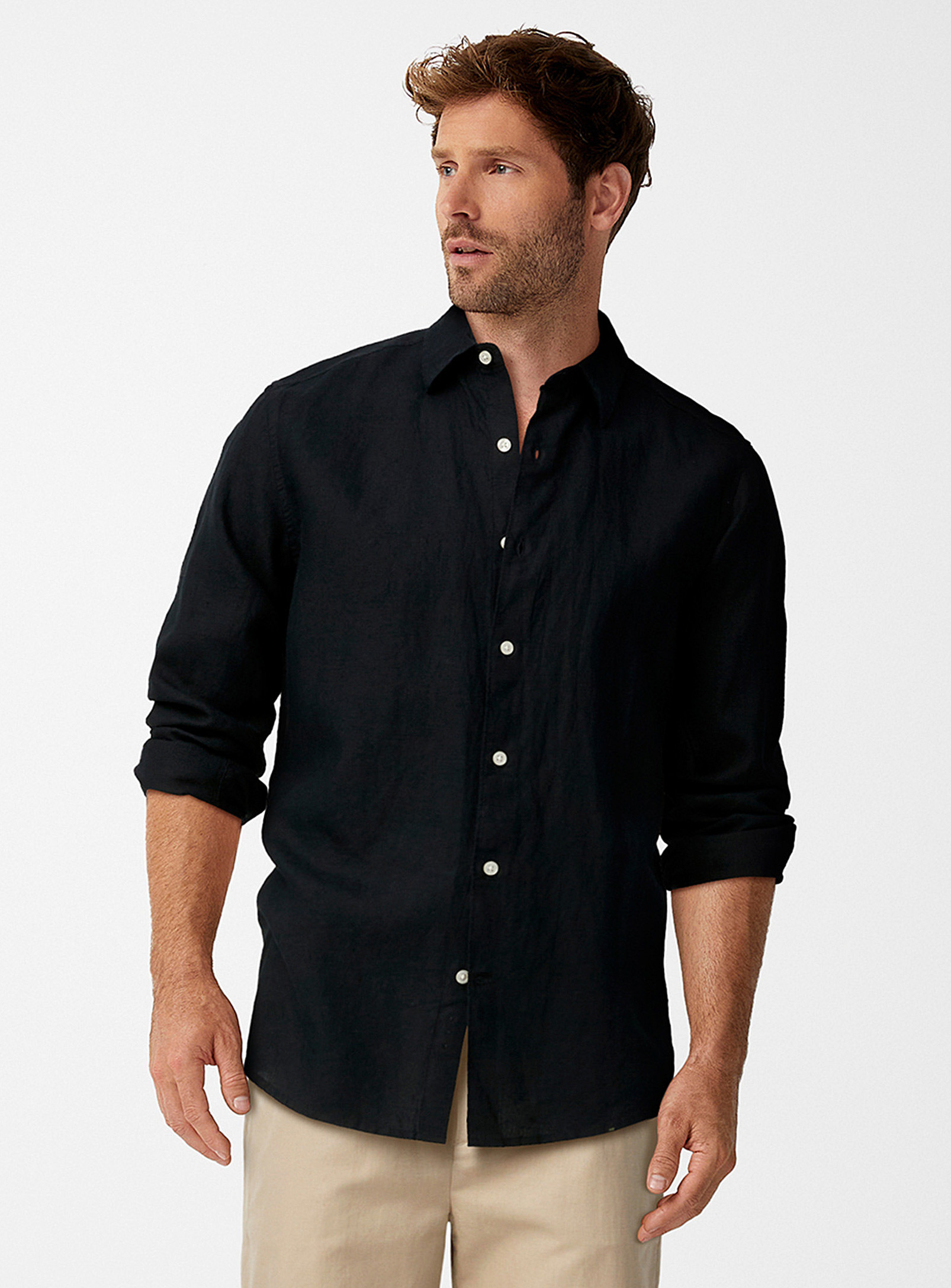 Le 31 Solid Pure Linen Long-sleeve Shirt Modern Fit In Black