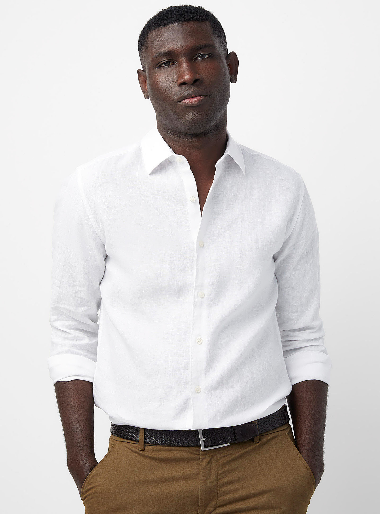 Le 31 Solid Pure Linen Long-sleeve Shirt Modern Fit In White