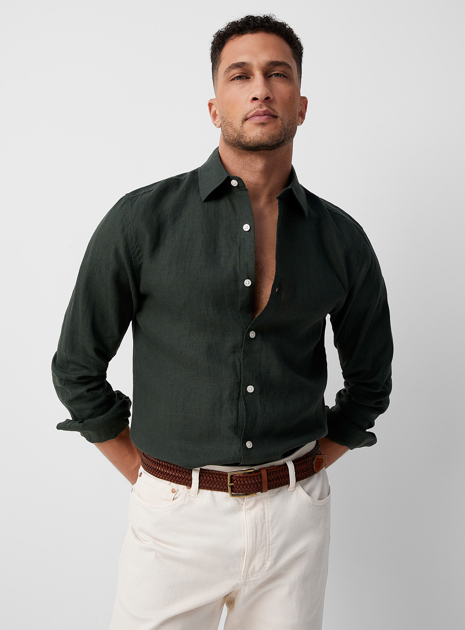 Le 31 Solid Pure Linen Long-sleeve Shirt Modern Fit In Green