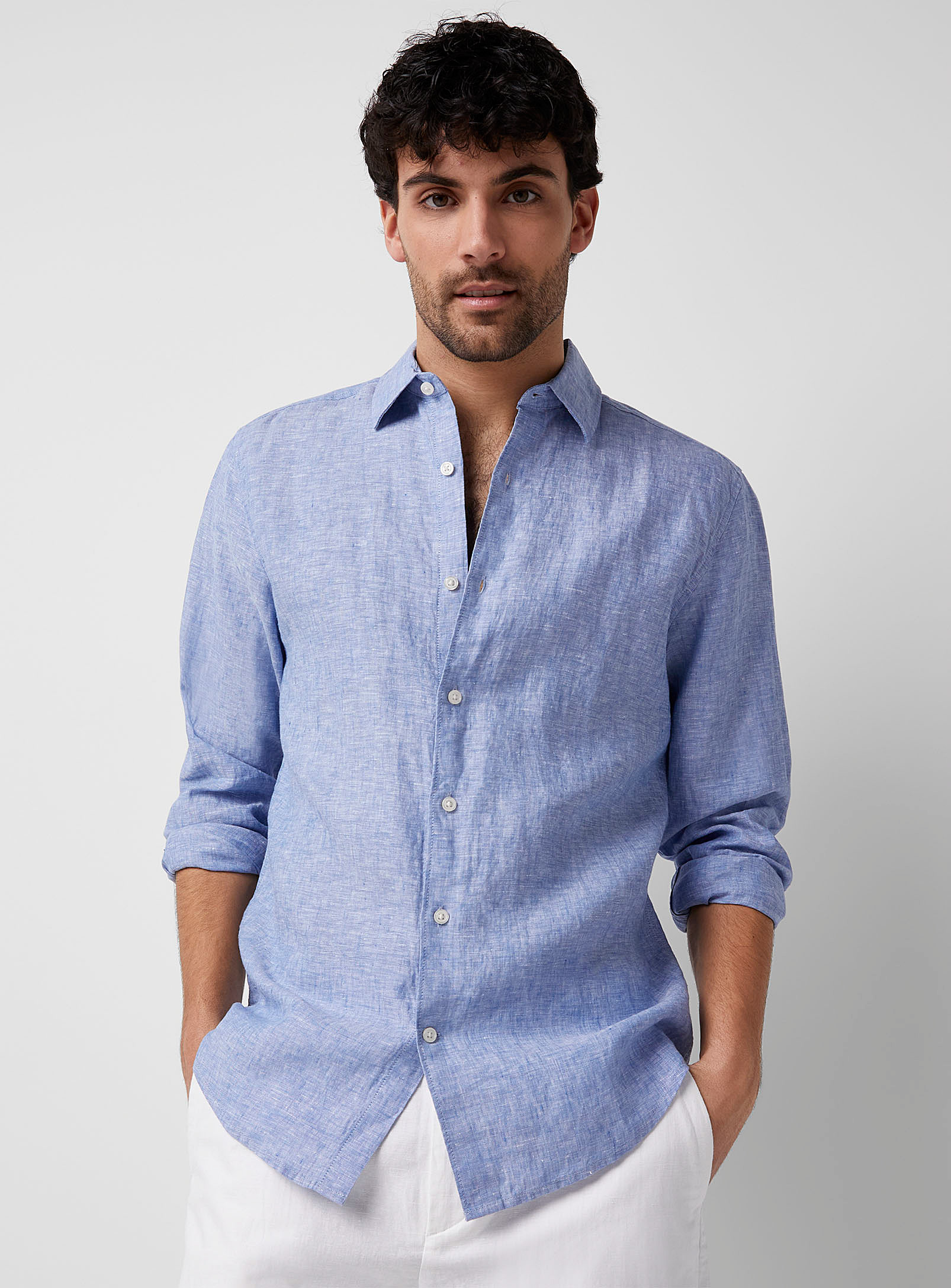Le 31 Solid Pure Linen Long-sleeve Shirt Modern Fit In Blue