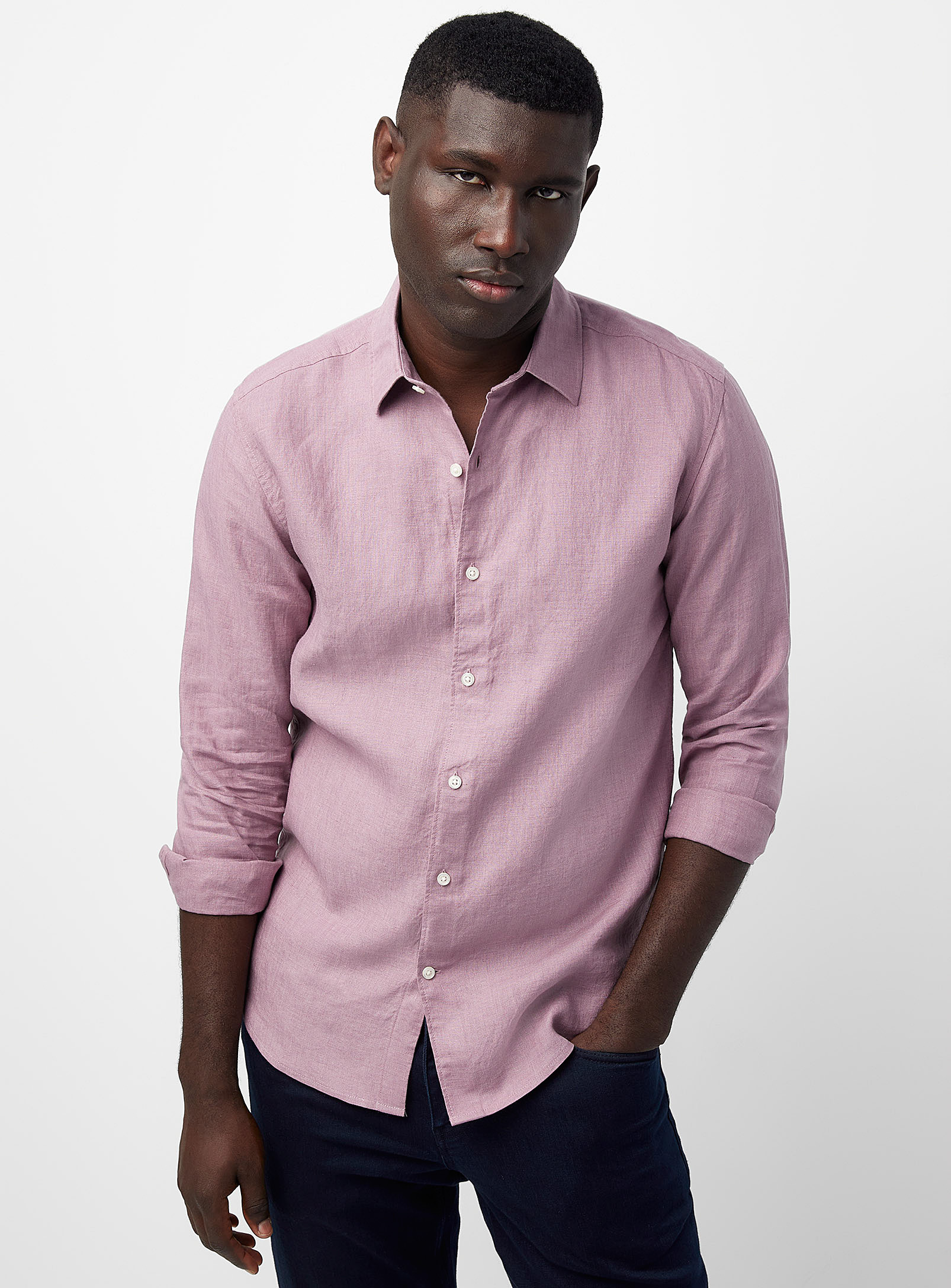 Le 31 Solid Pure Linen Long-sleeve Shirt Modern Fit In Mauve