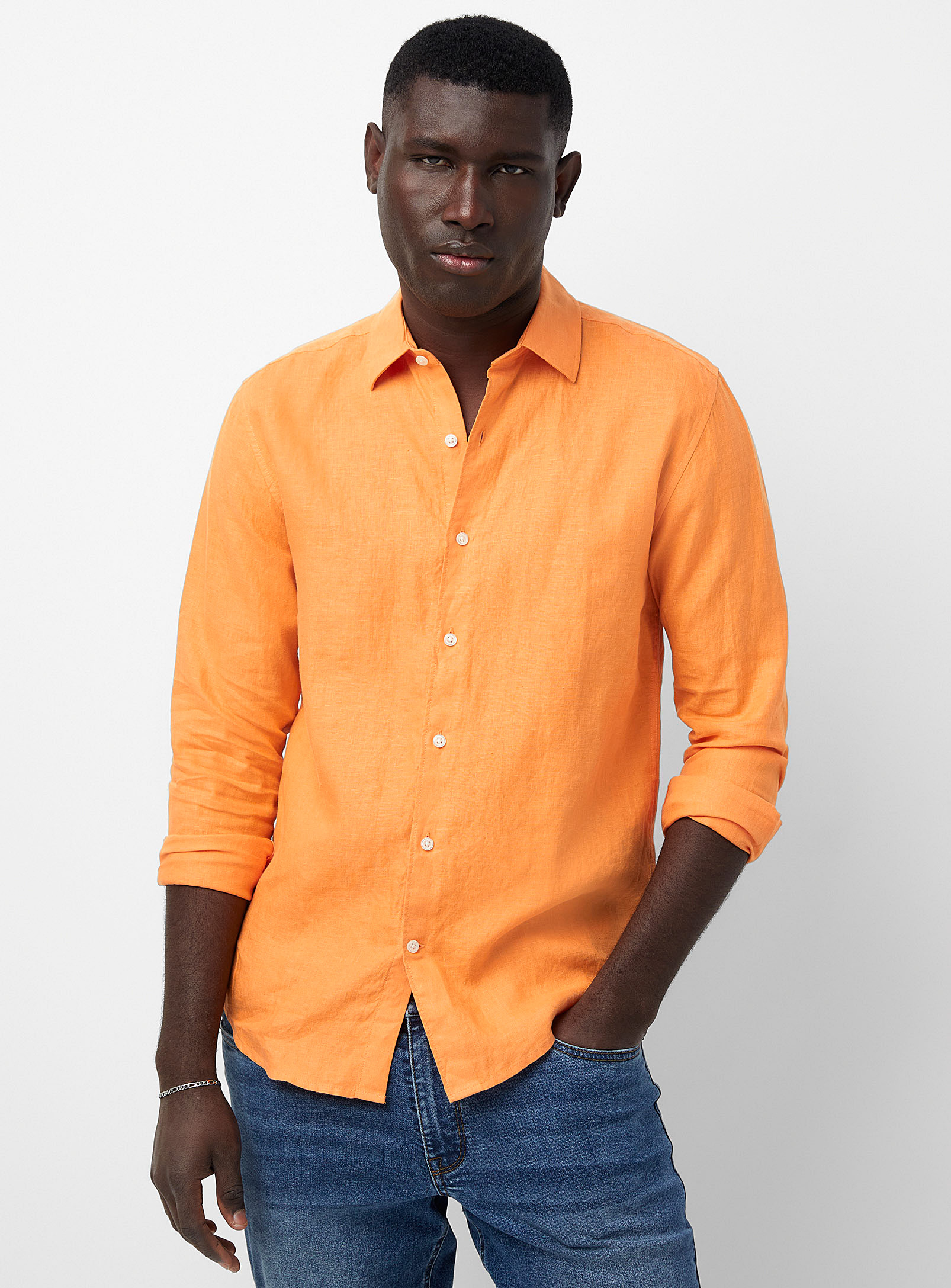 Le 31 Solid Pure Linen Long-sleeve Shirt Modern Fit In Light Orange