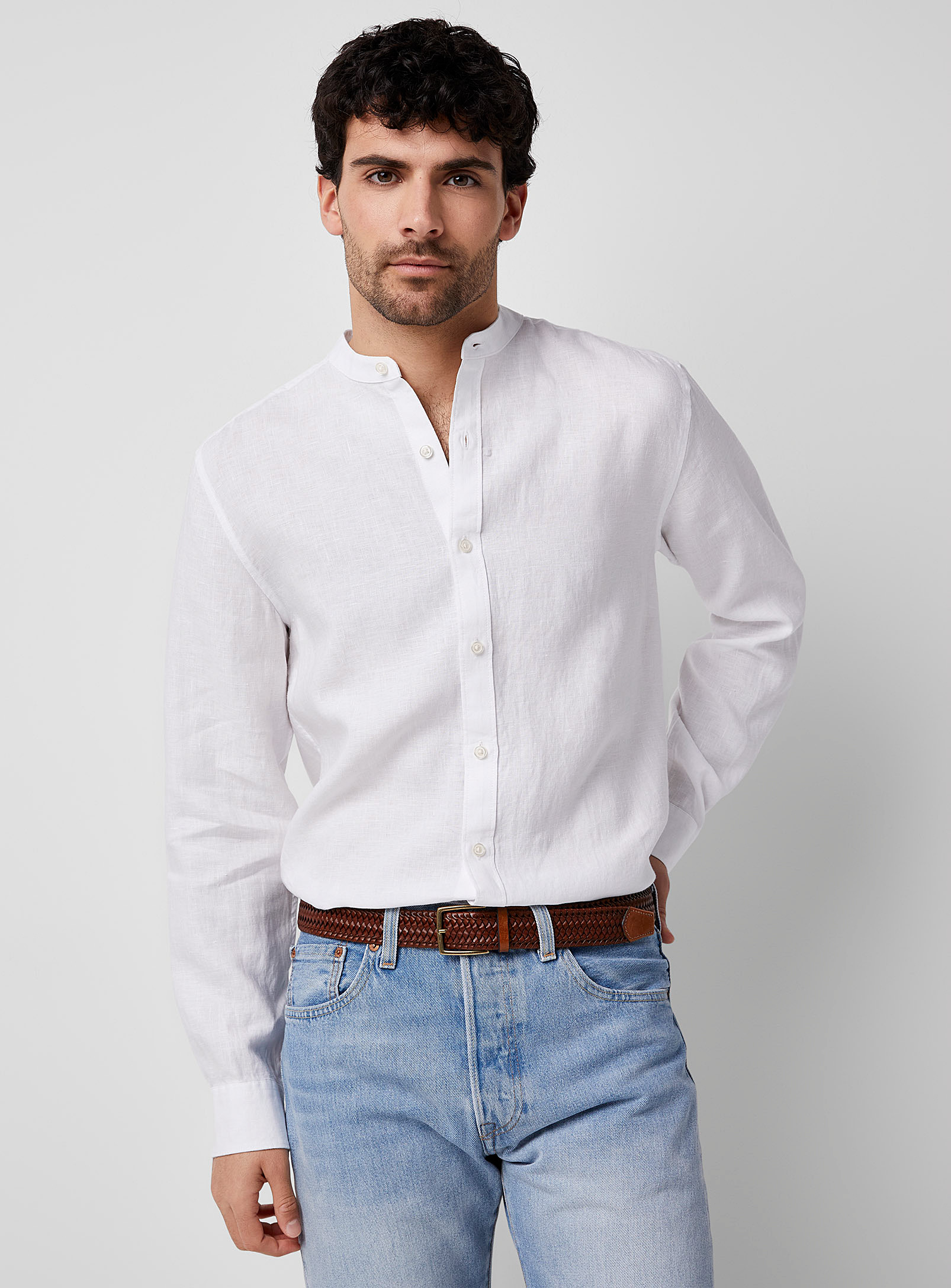 Le 31 Officer Collar Pure Linen Shirt In White