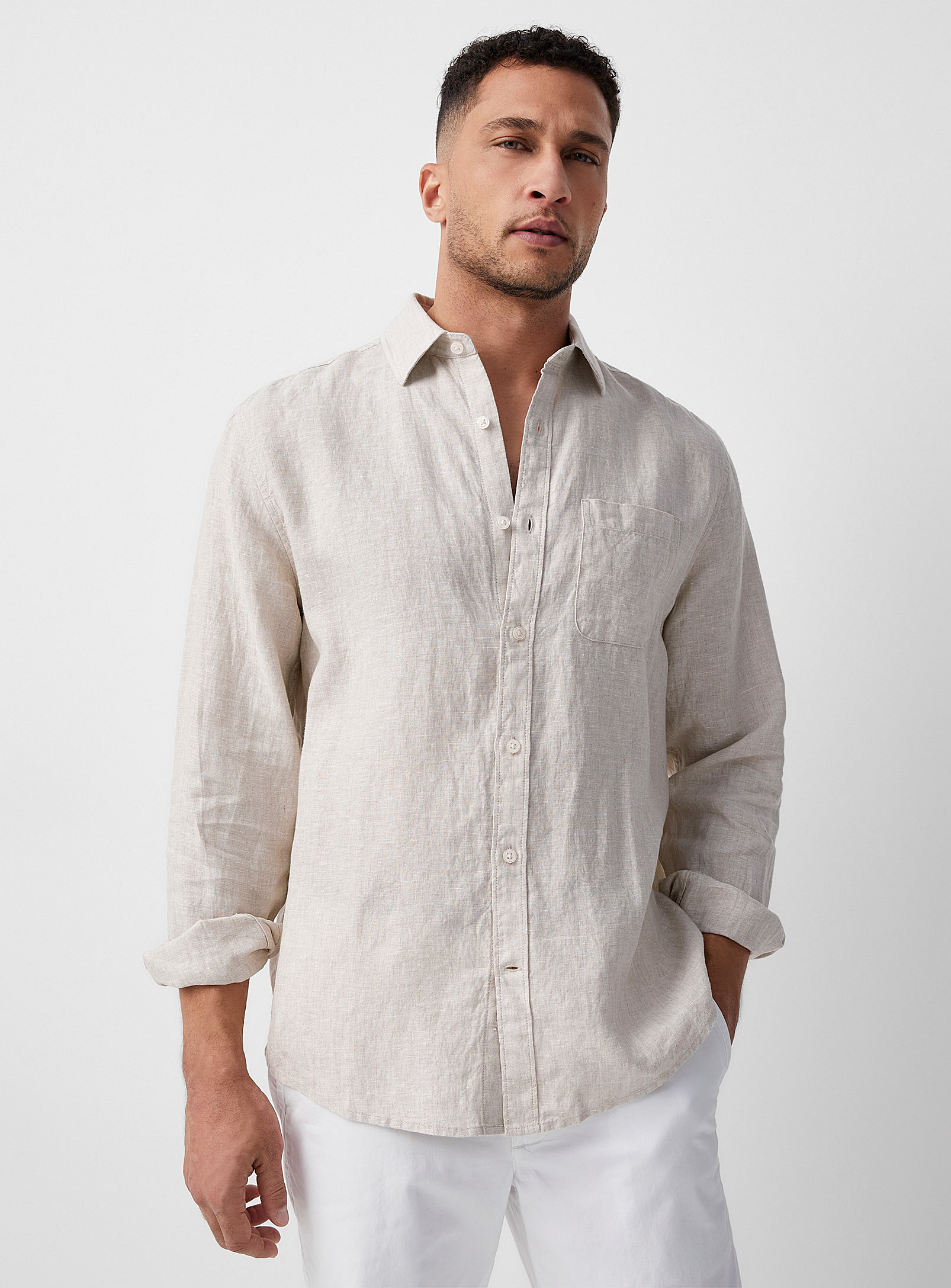 Le 31 Solid Pure Linen Long-sleeve Shirt Comfort Fit In Cream Beige