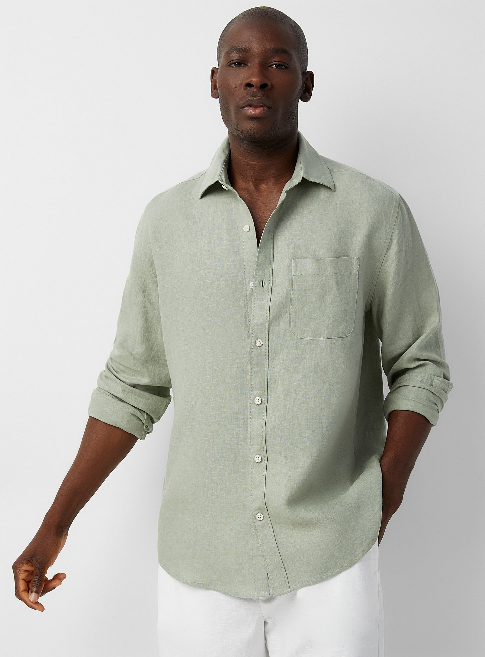 Le 31 Solid Pure Linen Long-sleeve Shirt Comfort Fit In Green