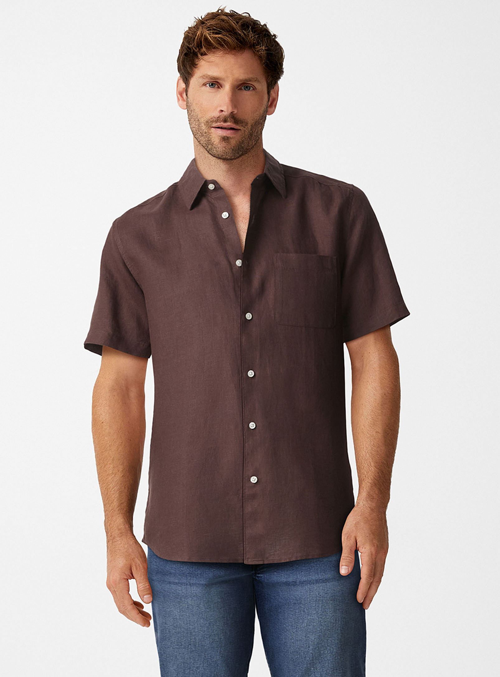 Le 31 Solid Organic Linen Shirt Modern Fit In Dark Brown