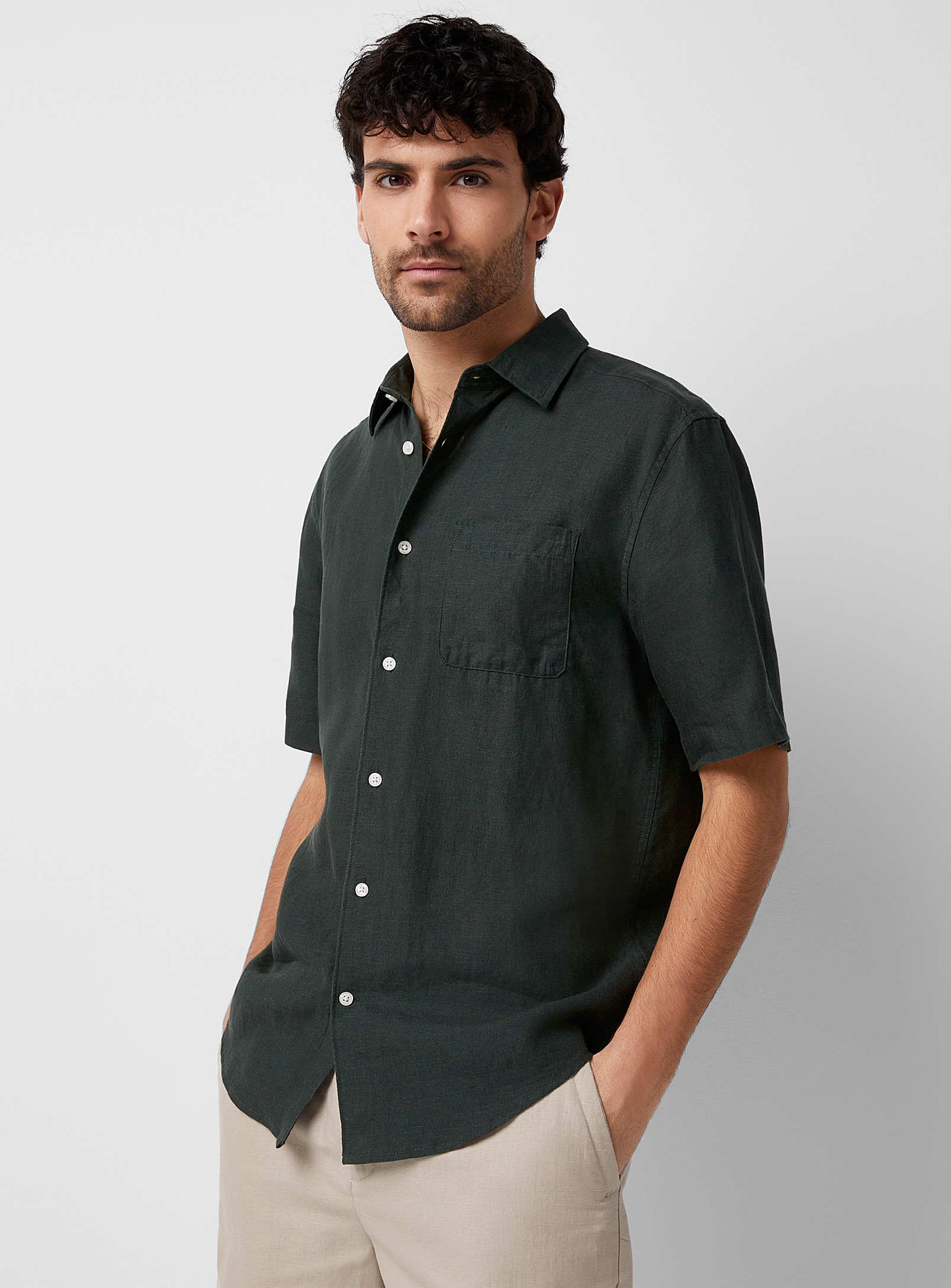 Le 31 Solid Organic Linen Shirt Modern Fit In Mossy Green