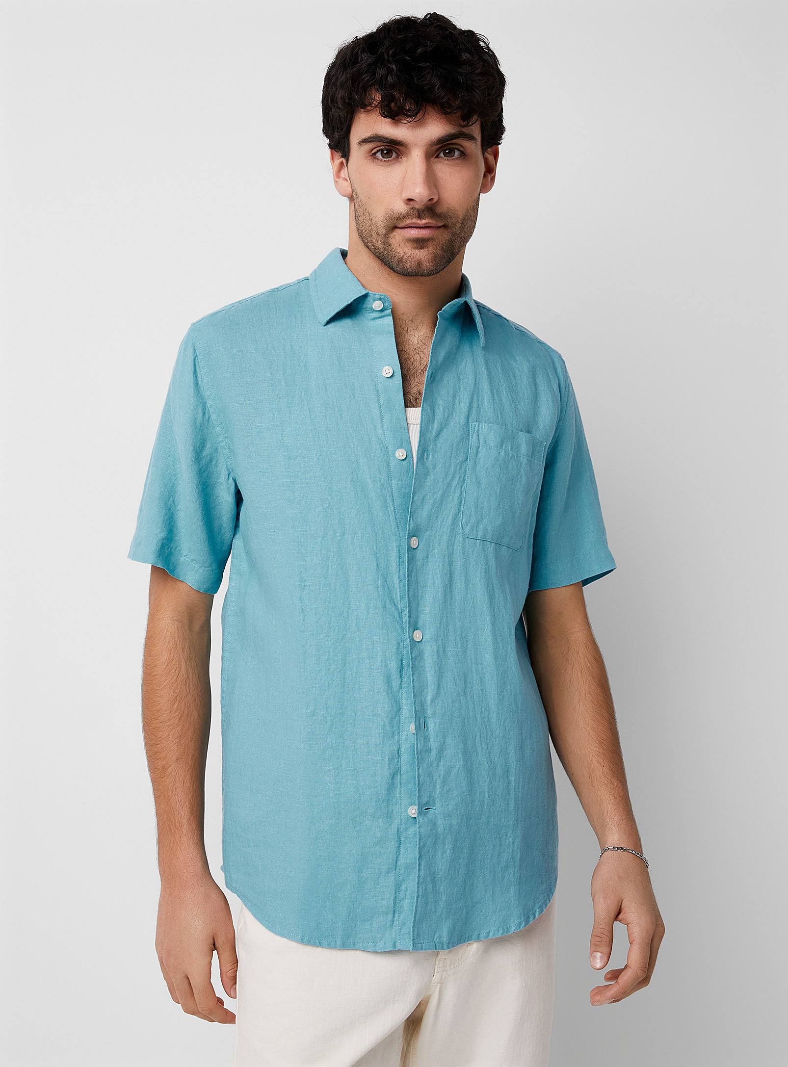 Le 31 Solid Organic Linen Shirt Modern Fit In Baby Blue
