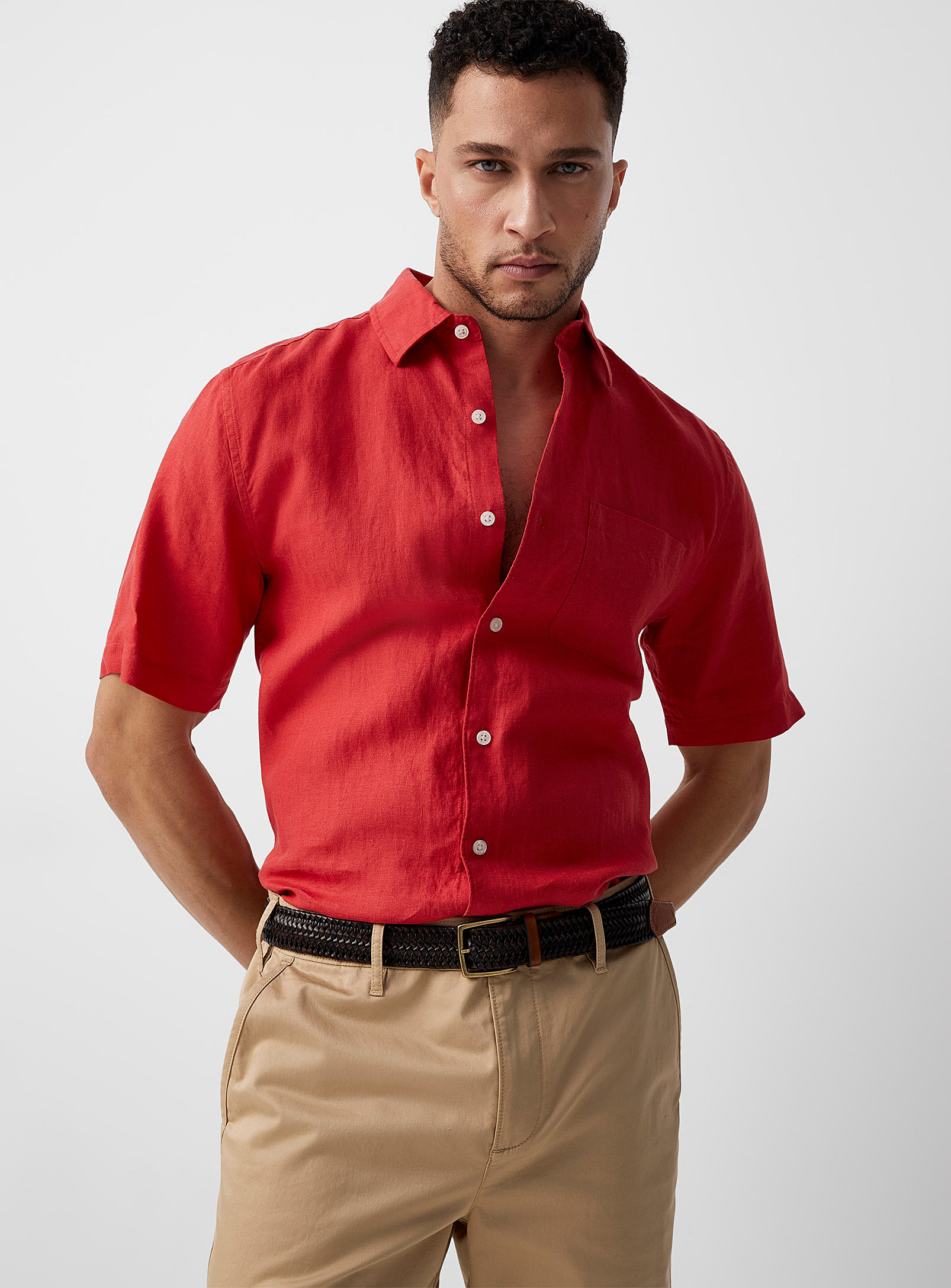 Le 31 Solid Organic Linen Shirt Modern Fit In Cherry Red