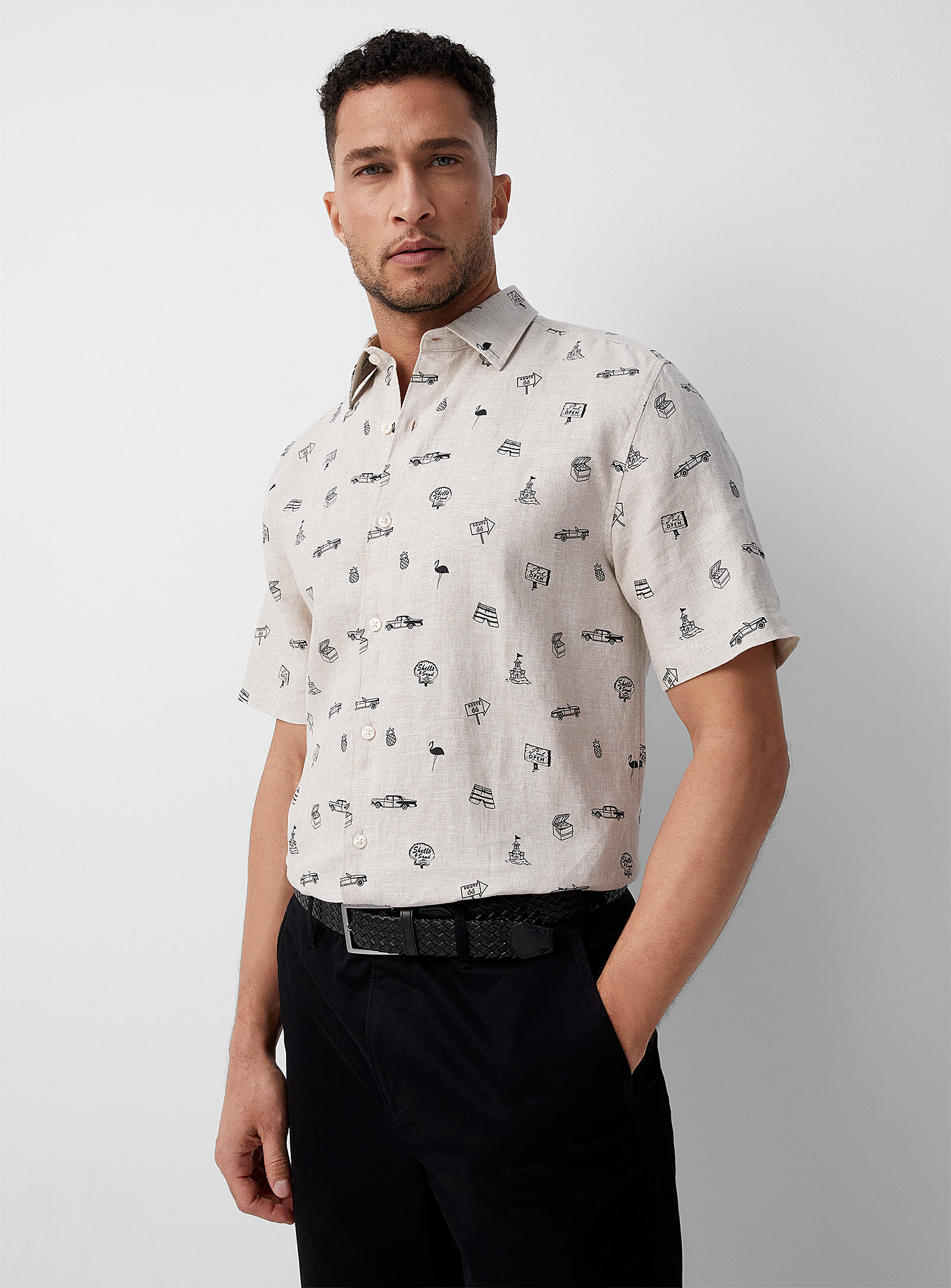 Le 31 Patterned Organic Linen Shirt Modern Fit In Ecru/linen