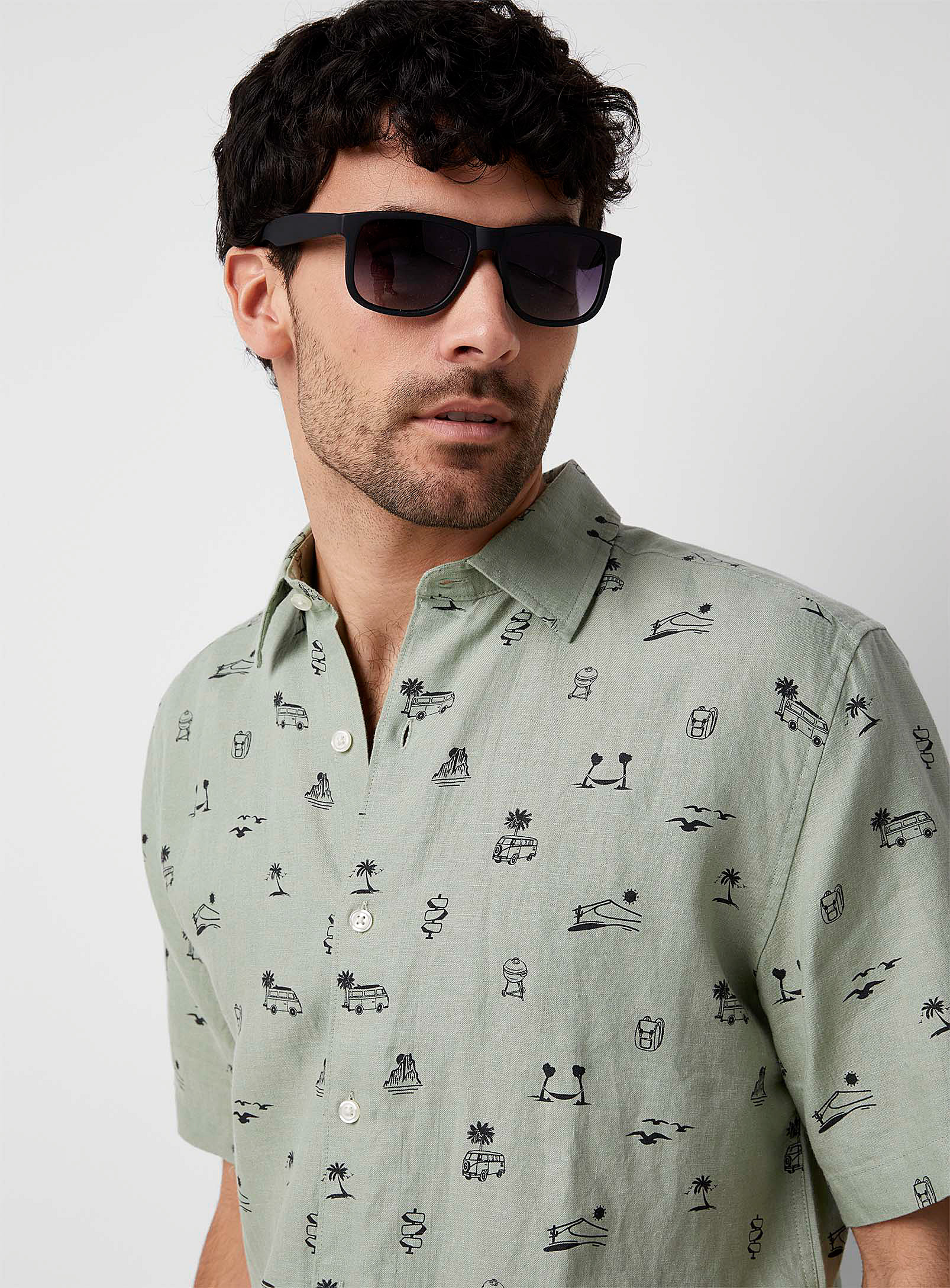Le 31 Patterned Organic Linen Shirt Modern Fit In Lime Green