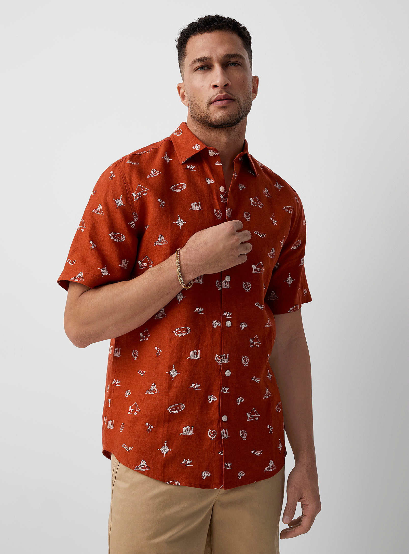 Le 31 Patterned Organic Linen Shirt Modern Fit In Dark Orange