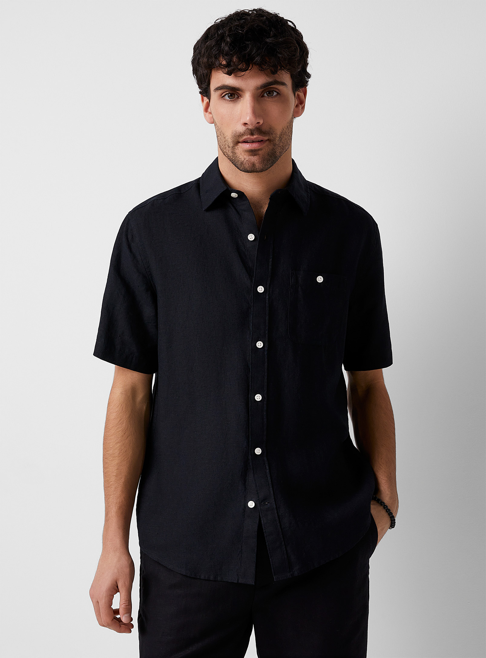 Le 31 Short-sleeve Pure Linen Solid Shirt Comfort Fit In Black