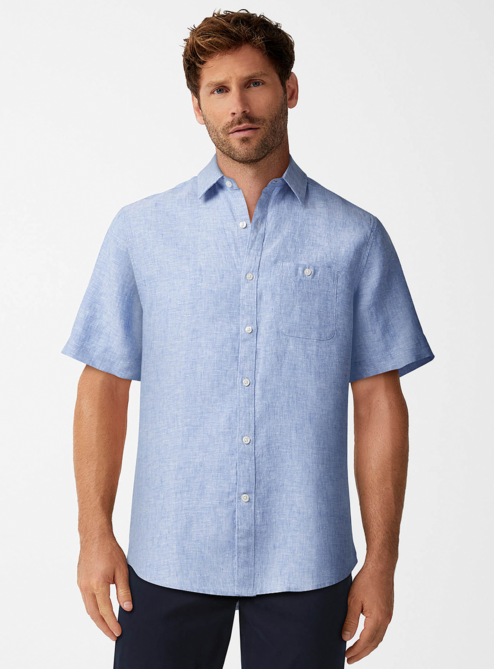 Le 31 Short-sleeve Pure Linen Solid Shirt Comfort Fit In Blue
