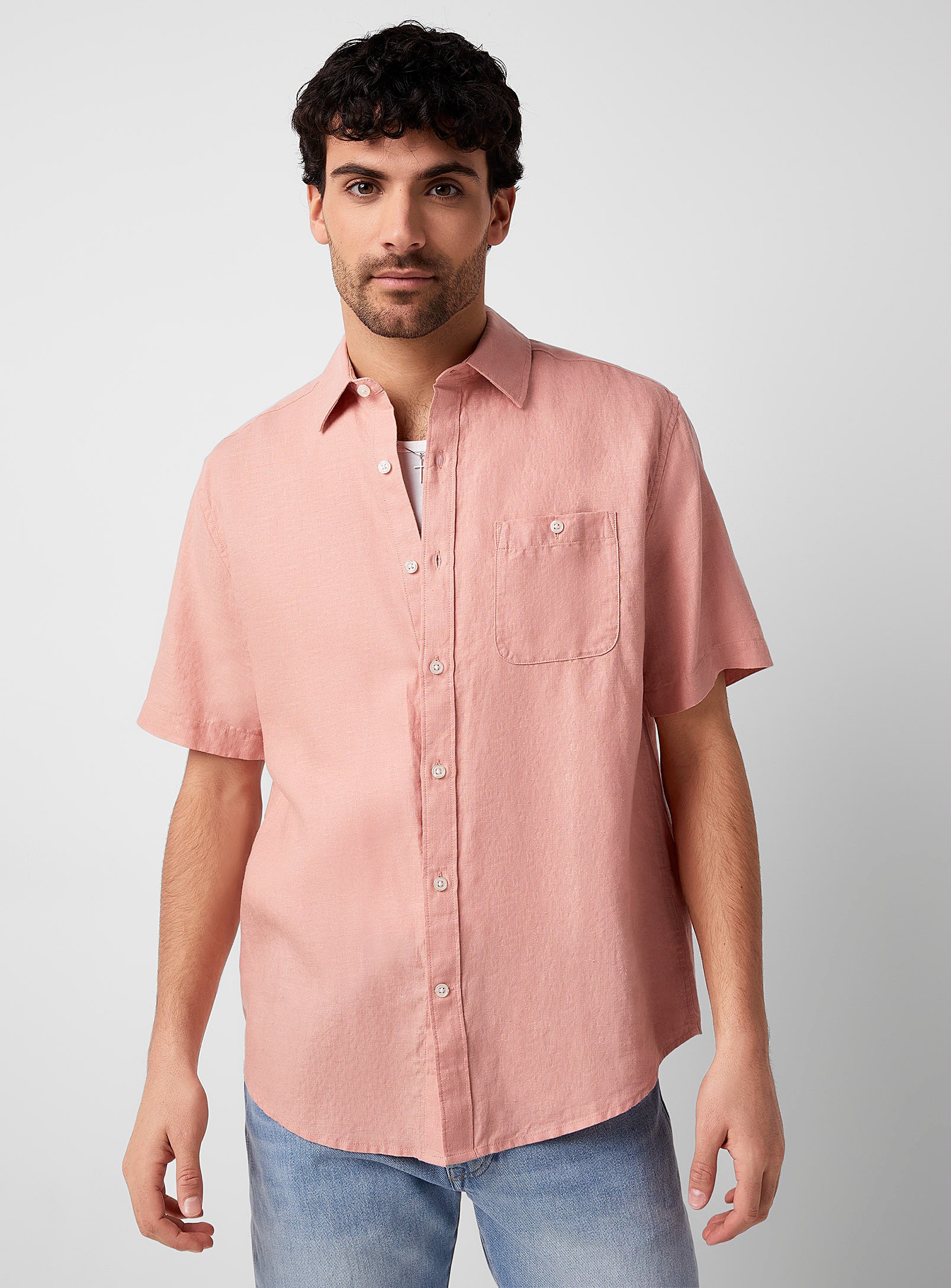 Le 31 Short-sleeve Organic Linen Solid Shirt Comfort Fit In Pink
