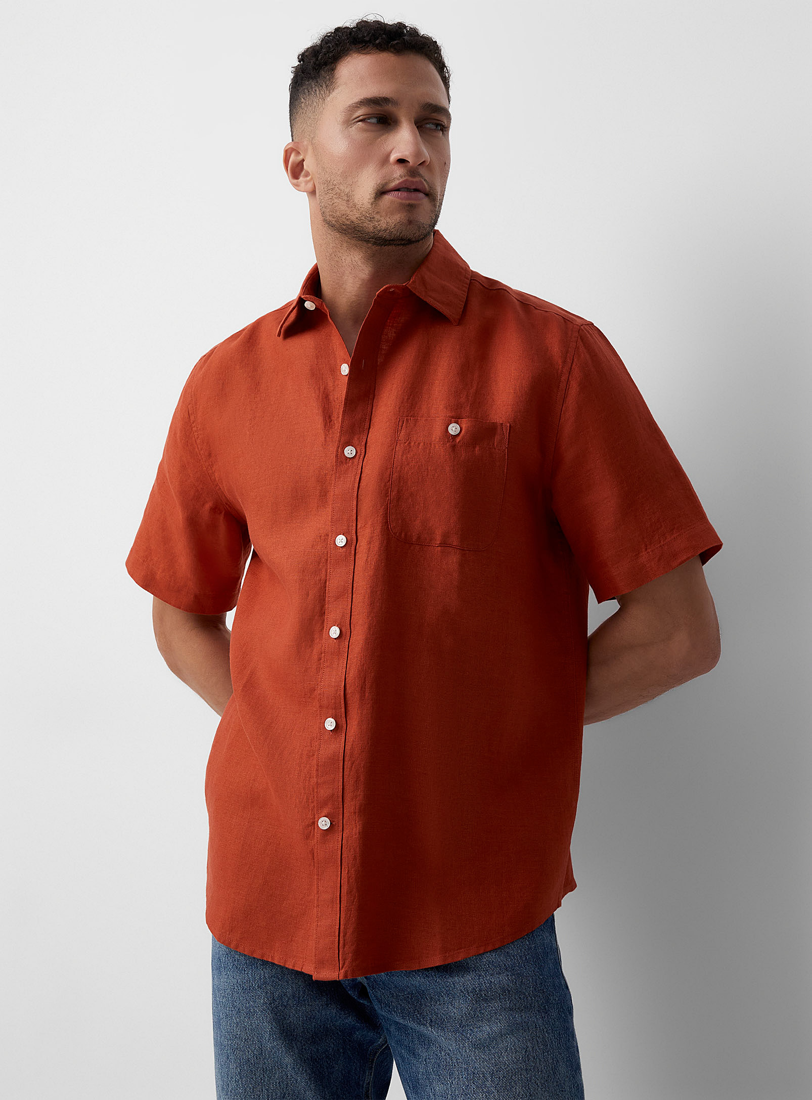 Le 31 Short-sleeve Pure Linen Solid Shirt Comfort Fit In Dark Orange
