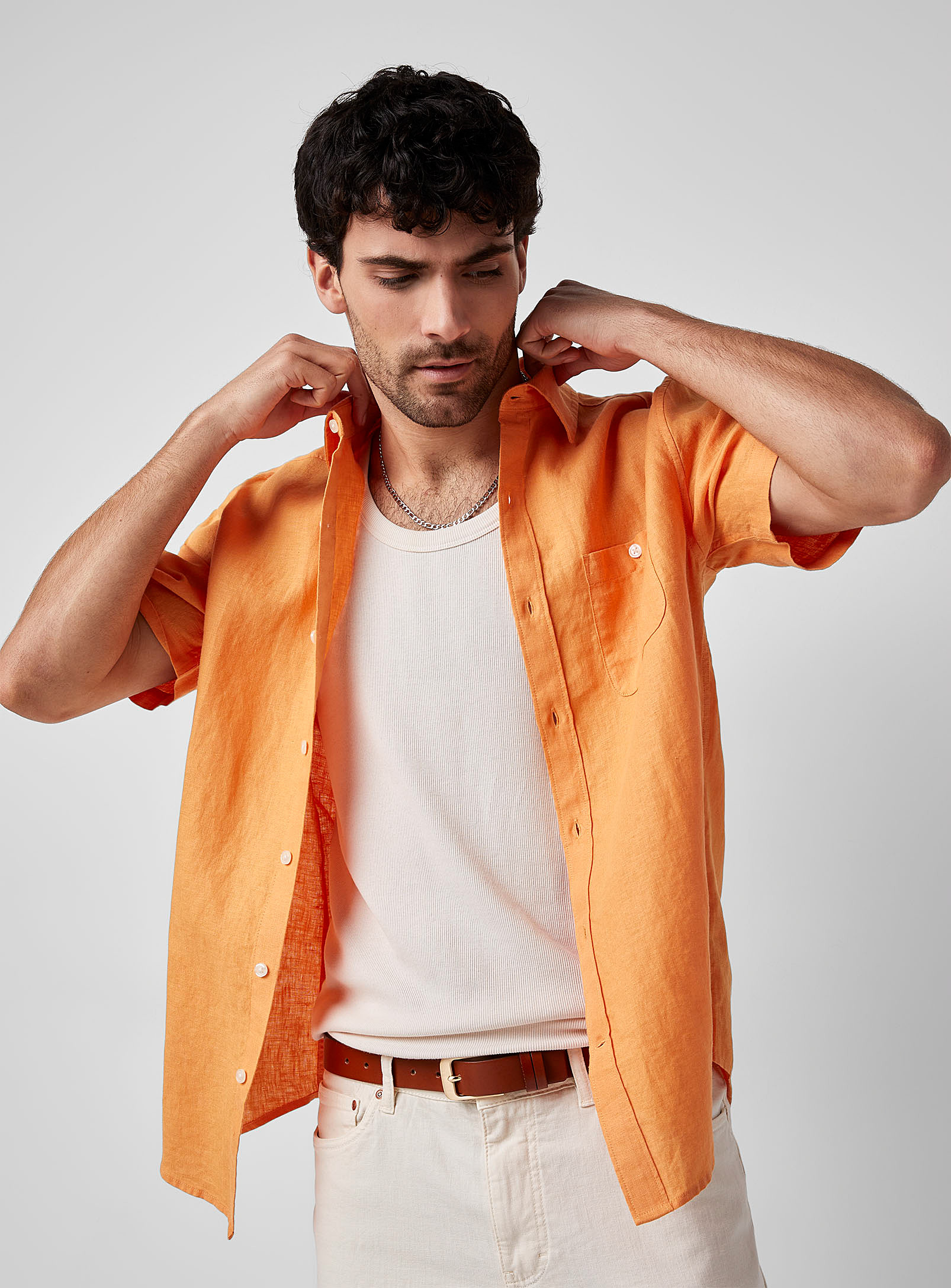 Le 31 Short-sleeve Pure Linen Solid Shirt Comfort Fit In Light Orange