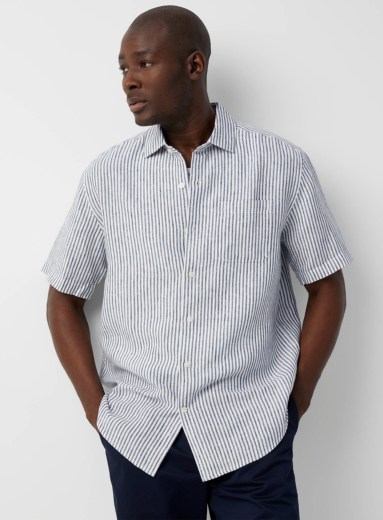 Le 31 Organic Linen Short-sleeve Striped Shirt Modern Fit In Ivory White
