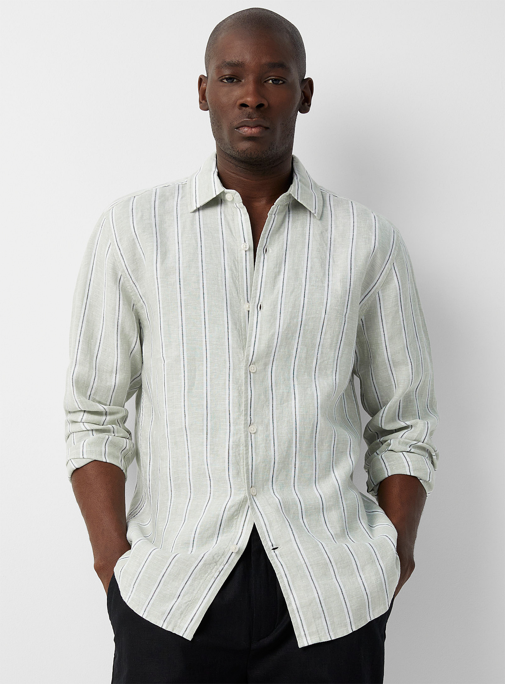 Le 31 Pure Linen Chambray-stripe Long-sleeve Shirt Modern Fit In Lime Green