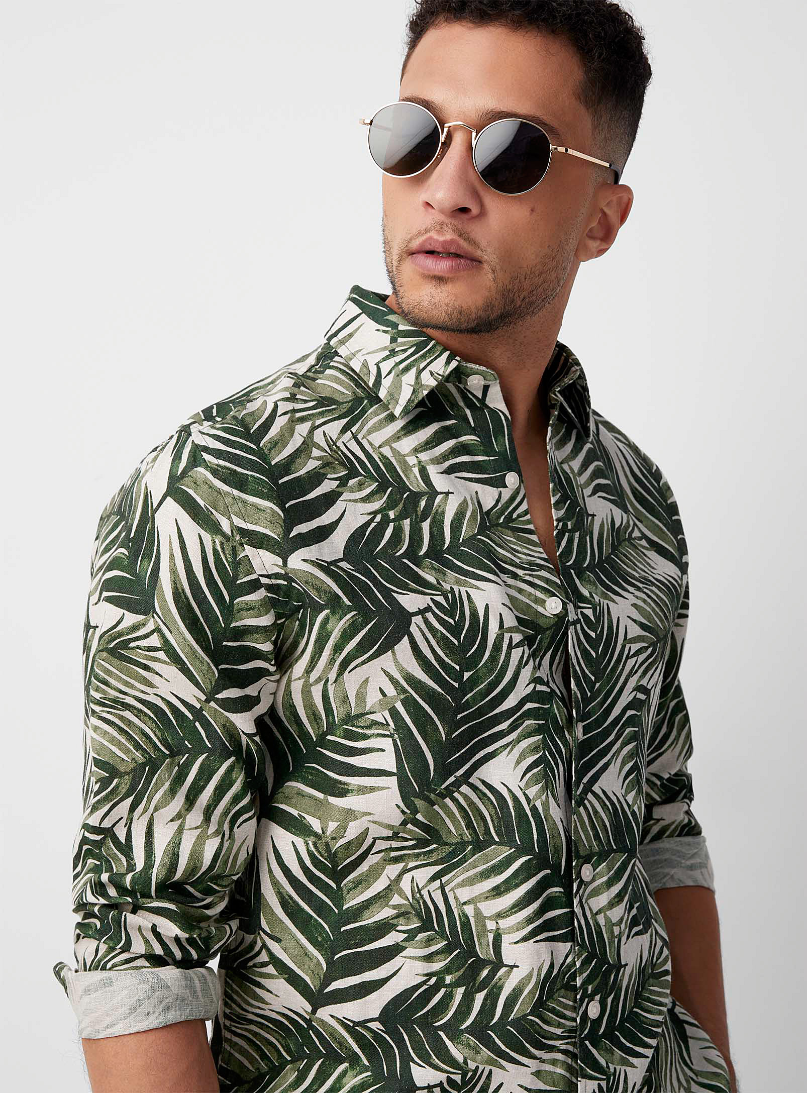 Le 31 Tropical Foliage Pure Linen Shirt Modern Fit In Mossy Green