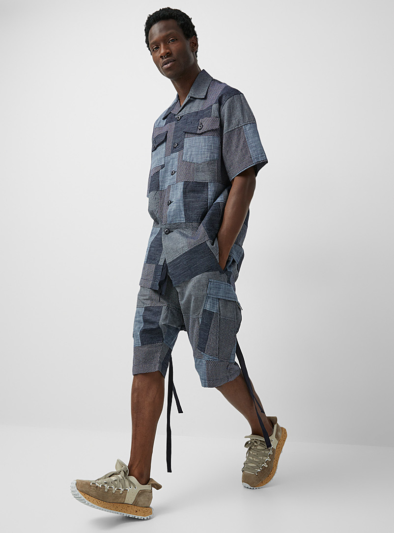 Maharishi Blue Cotton chambray patchwork cargo shorts for men