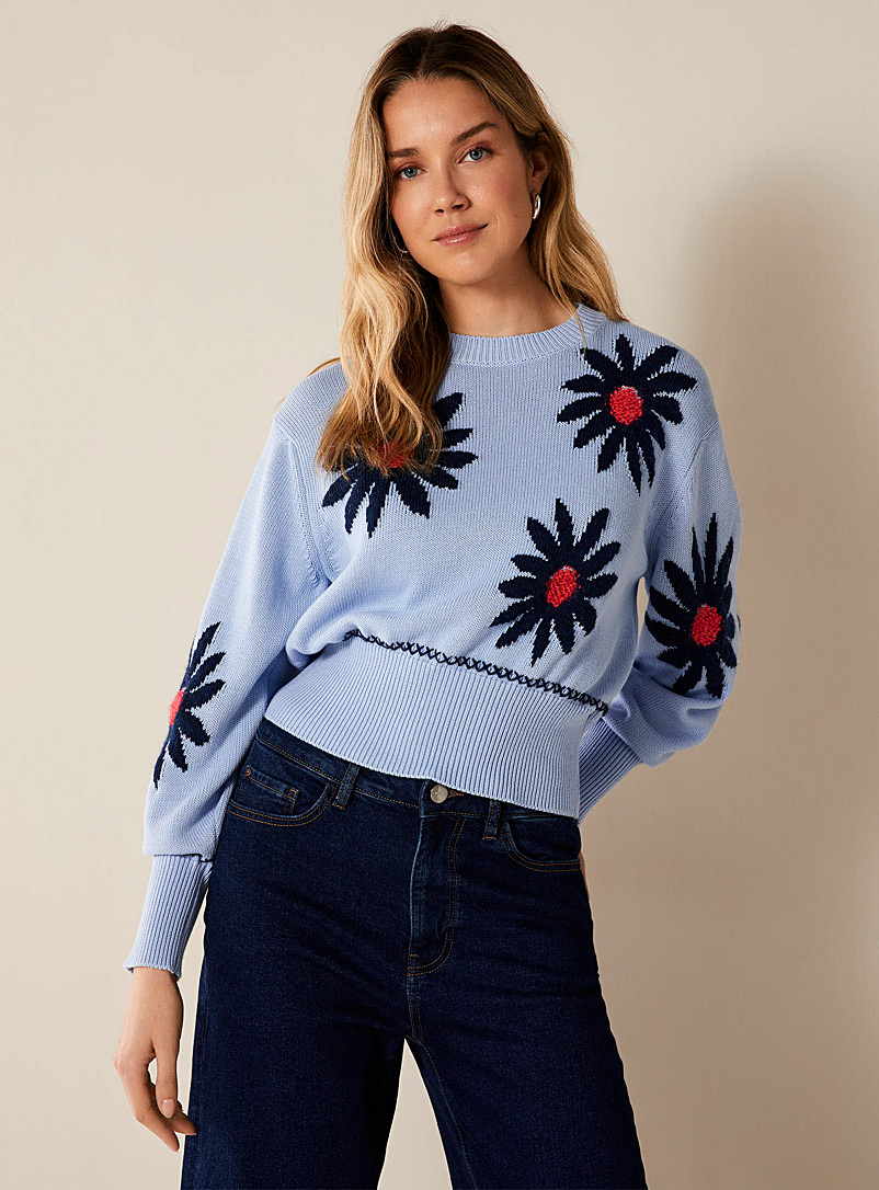 United Colors of Benetton Patterned Blue Textured flowers sweater for women