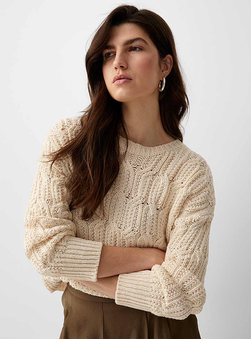 United Colors of Benetton Ivory White Twisted texture loose sweater for women
