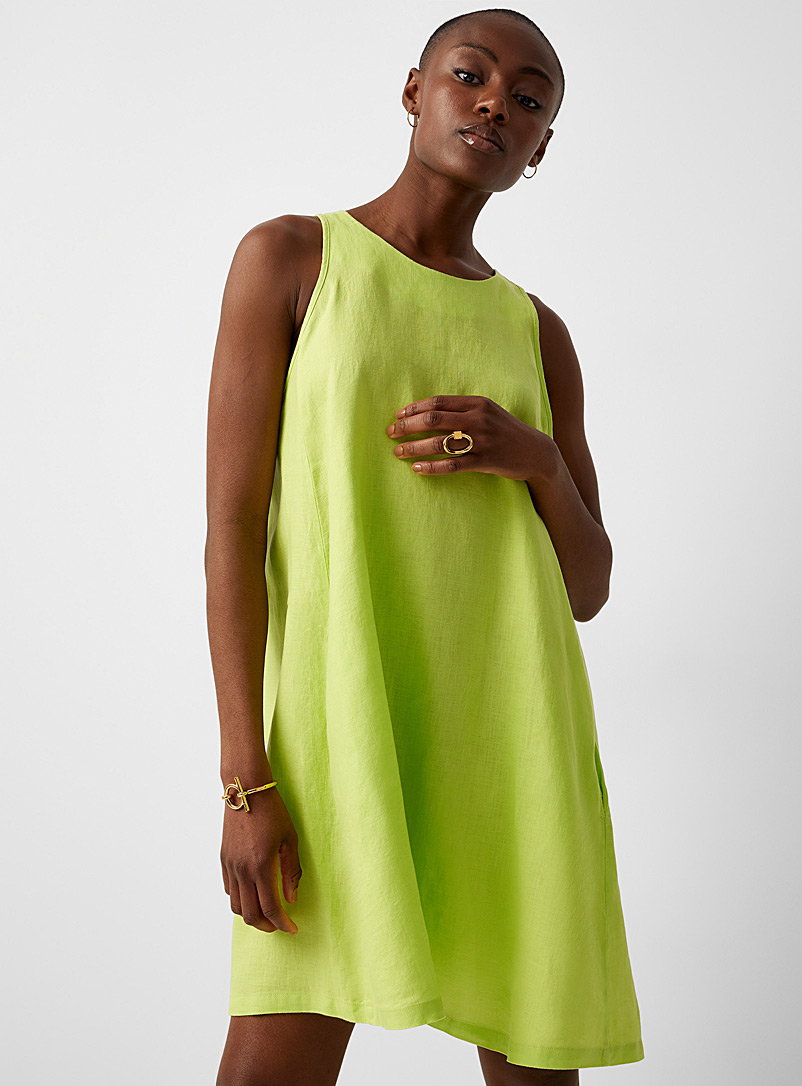 United Colors of Benetton Lime Green Sleeveless trapezoid linen dress for women