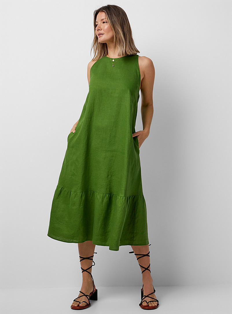 United Colors of Benetton: La robe lin vert prairie à volant Vert vif-irlandais-émerau pour femme