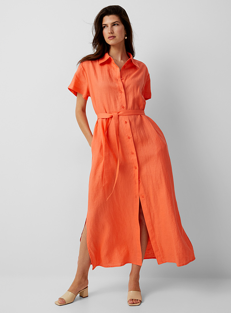 United Colors of Benetton: La robe chemise lin corail Corail pour femme