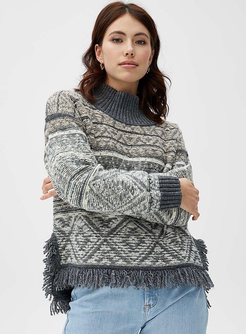 United Colors of Benetton Patterned Grey Fringed jacquard sweater for women