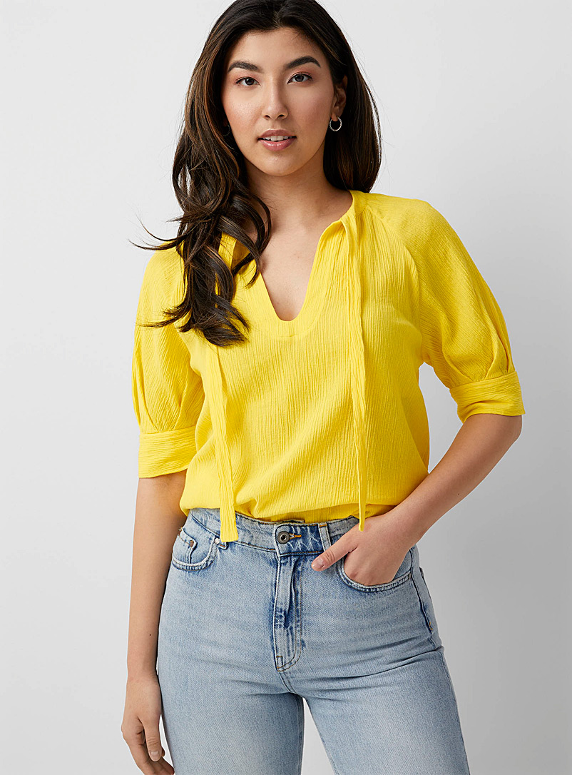 United Colors of Benetton Bright Yellow Knotted collar pleated blouse for women