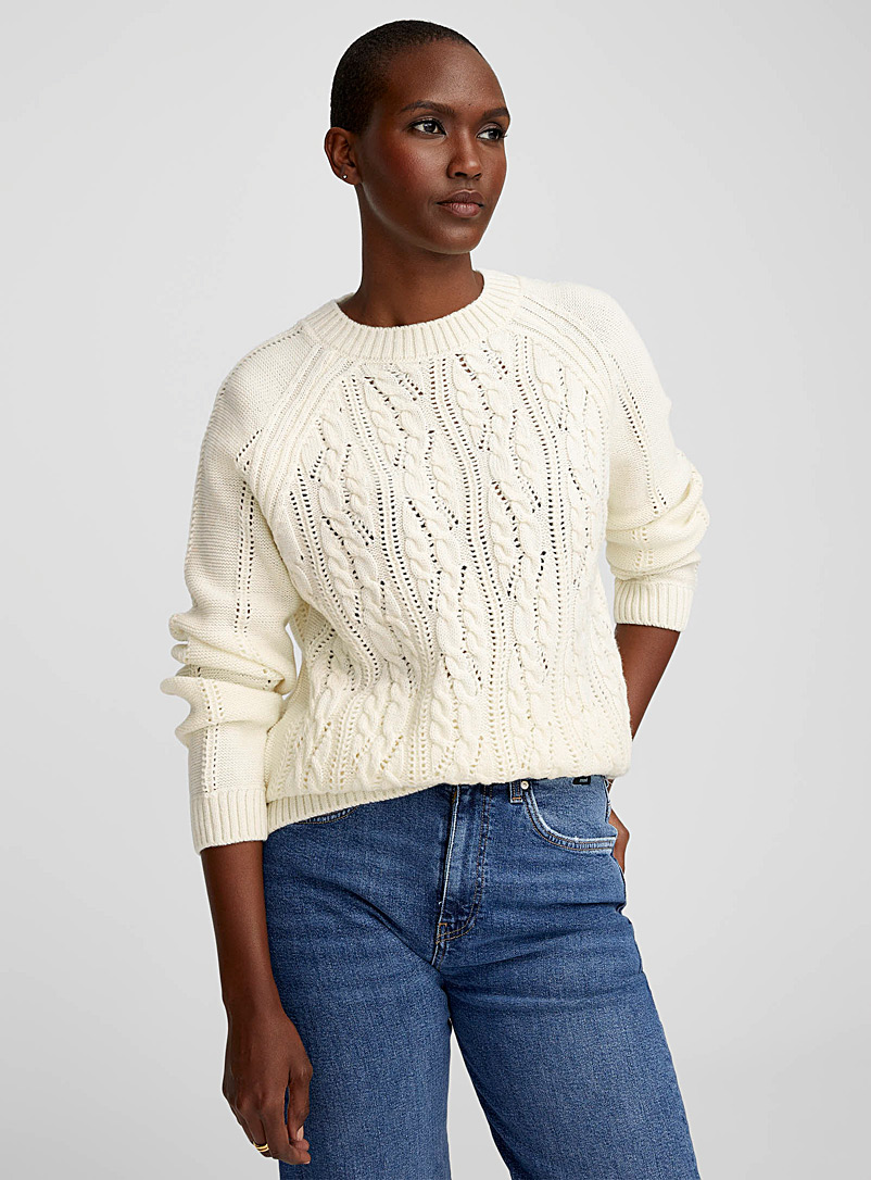 United Colors of Benetton Ivory White Double twist cable-knit sweater for women