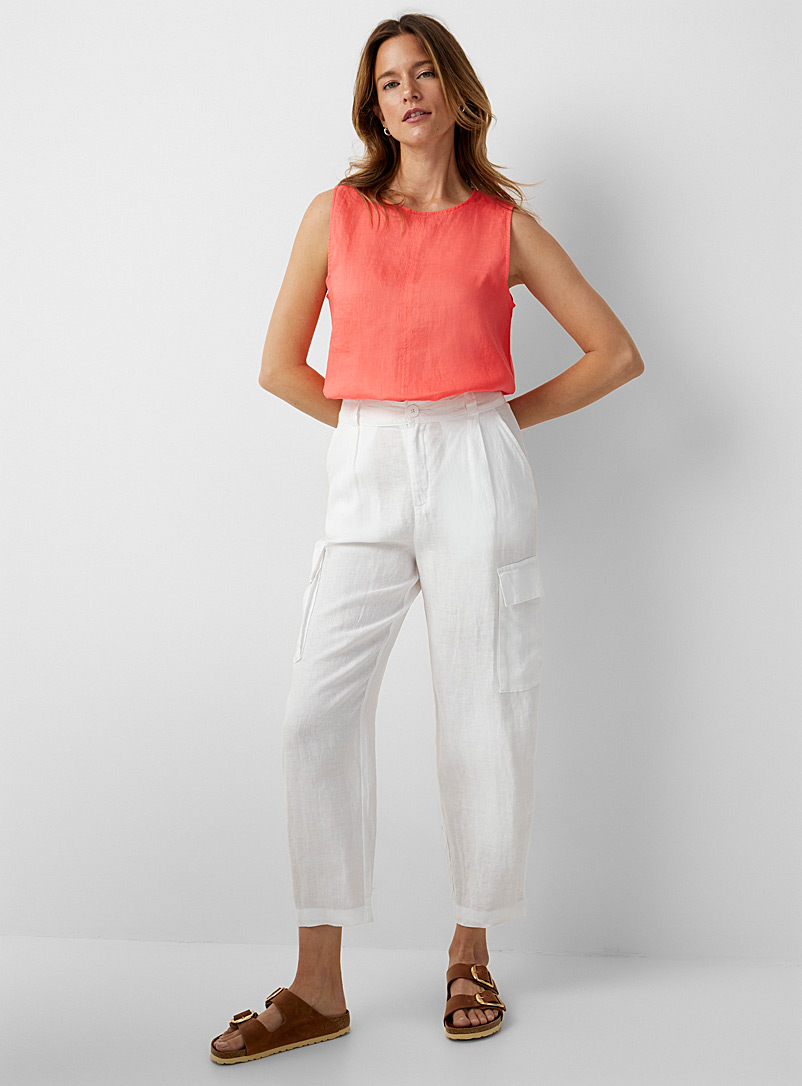 United Colors of Benetton White High-waisted linen cargo pant for women