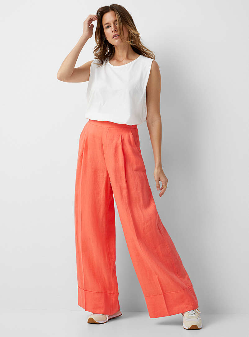United Colors of Benetton Tangerine Wide-leg cuffed linen pant for women