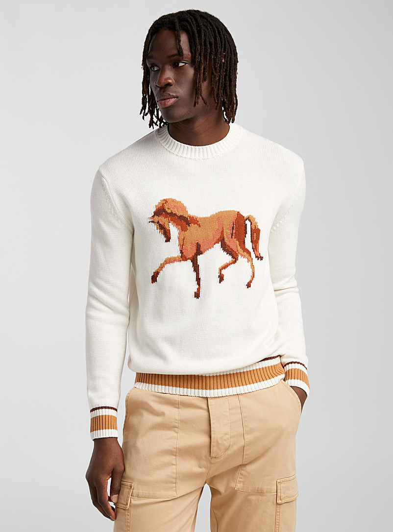 United Colors of Benetton Ivory/Cream Beige Equestrian jacquard sweater for men