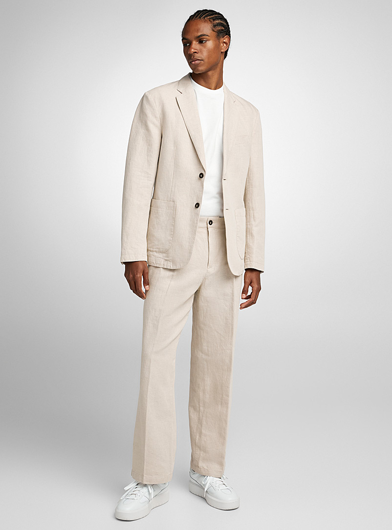 United Colors of Benetton: Le pantalon à plis écru coton et lin Ivoire - Beige crème pour homme