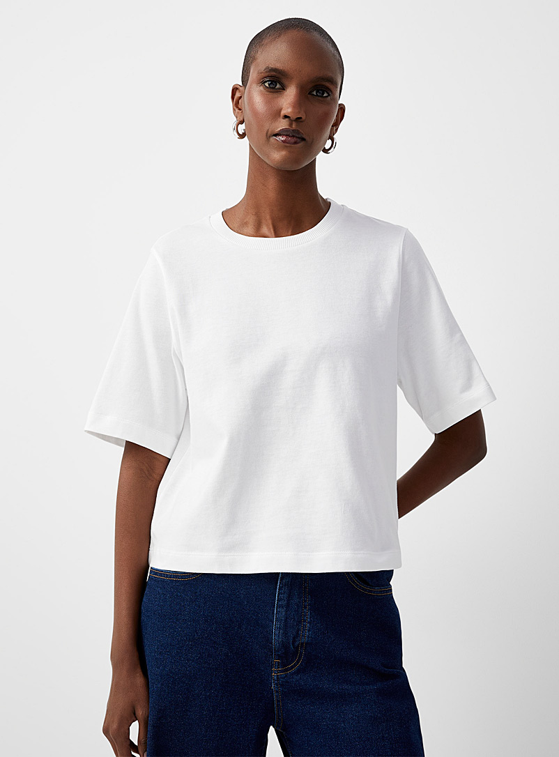 United Colors of Benetton White Ribbed crew neck boxy-fit T-shirt for women
