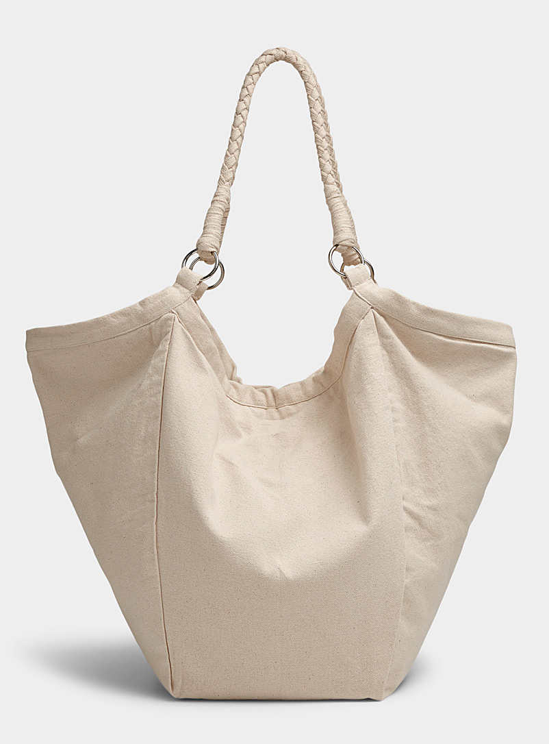 United Colors of Benetton Cream Beige Braided handle organic cotton tote for women