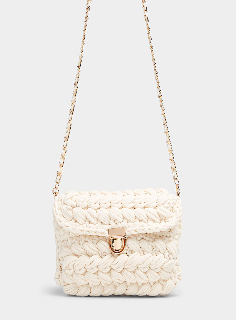 United Colors of Benetton Ivory White Crochet flap bag for women
