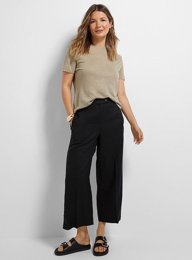 United Colors of Benetton: Le pantalon large écourté pur lin Noir pour femme