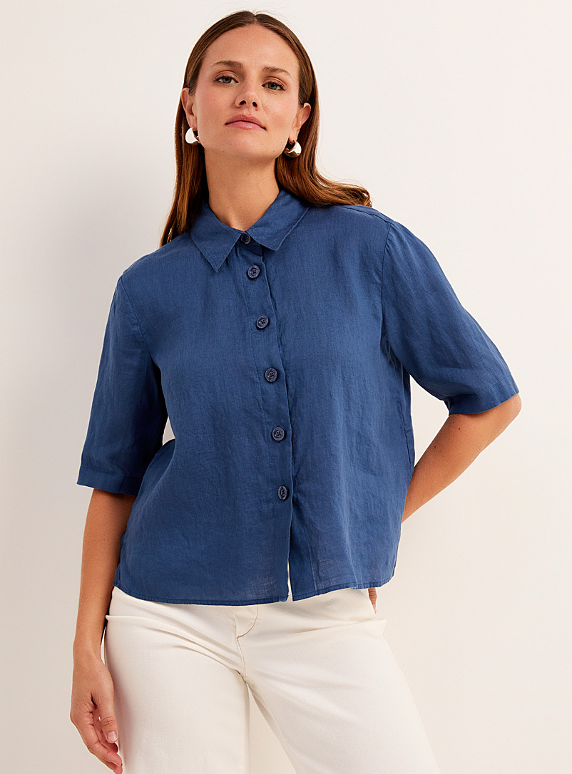 United Colors of Benetton: La chemise carrée pur lin Bleu pour femme
