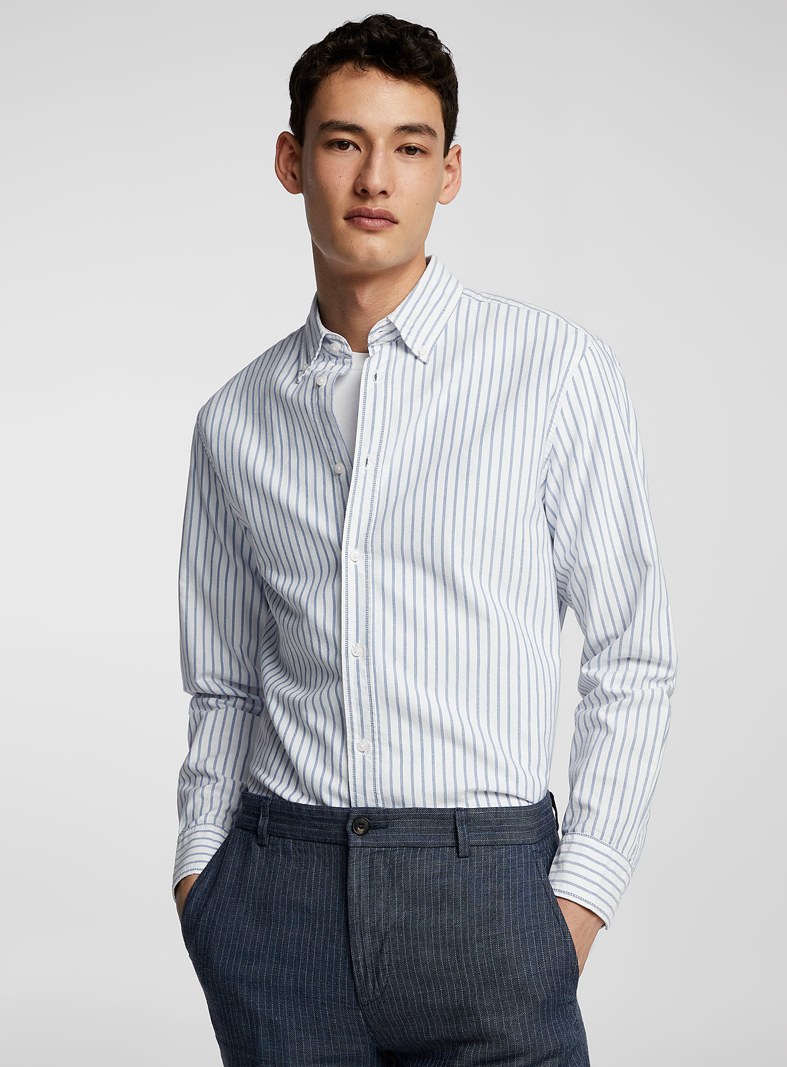 United Colors Of Benetton Chambray-like Striped Oxford Shirt In Blue