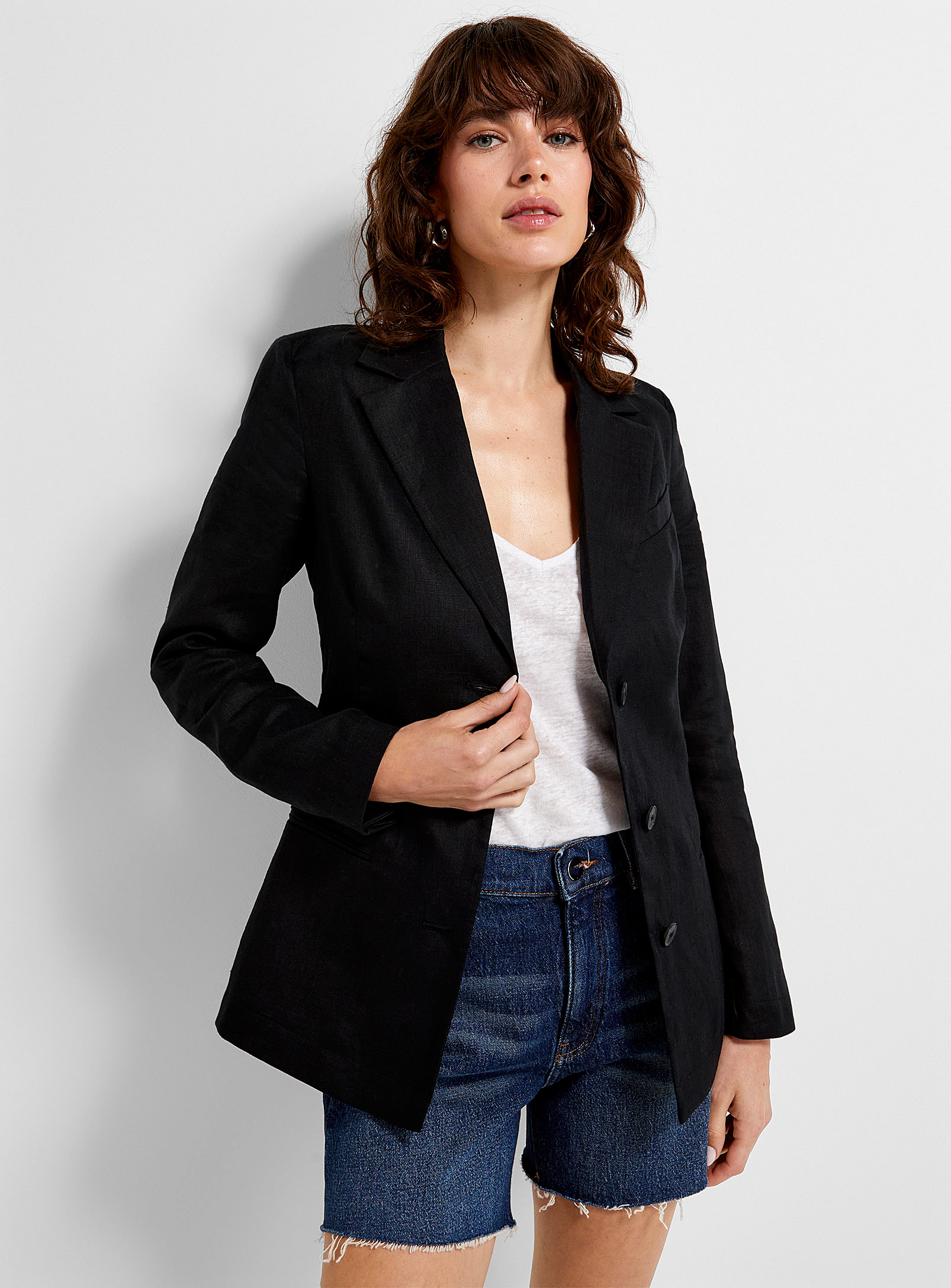 United Colors of Benetton - Women's Black pure linen fitted Blazer Jacket