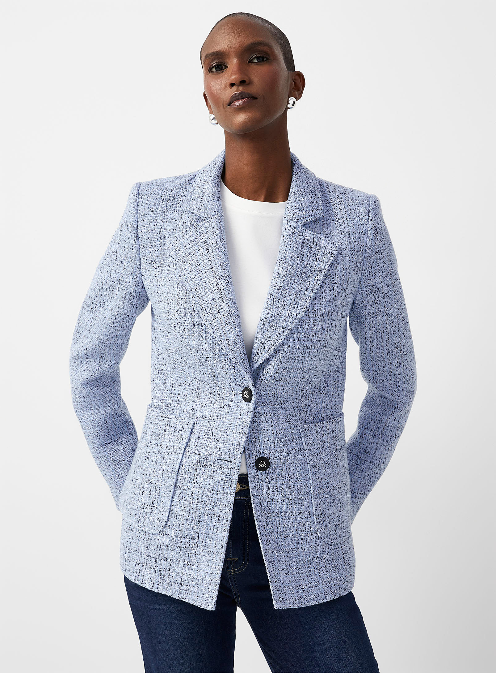 United Colors Of Benetton Patch Pockets Powder Blue Tweed Blazer In Patterned Blue