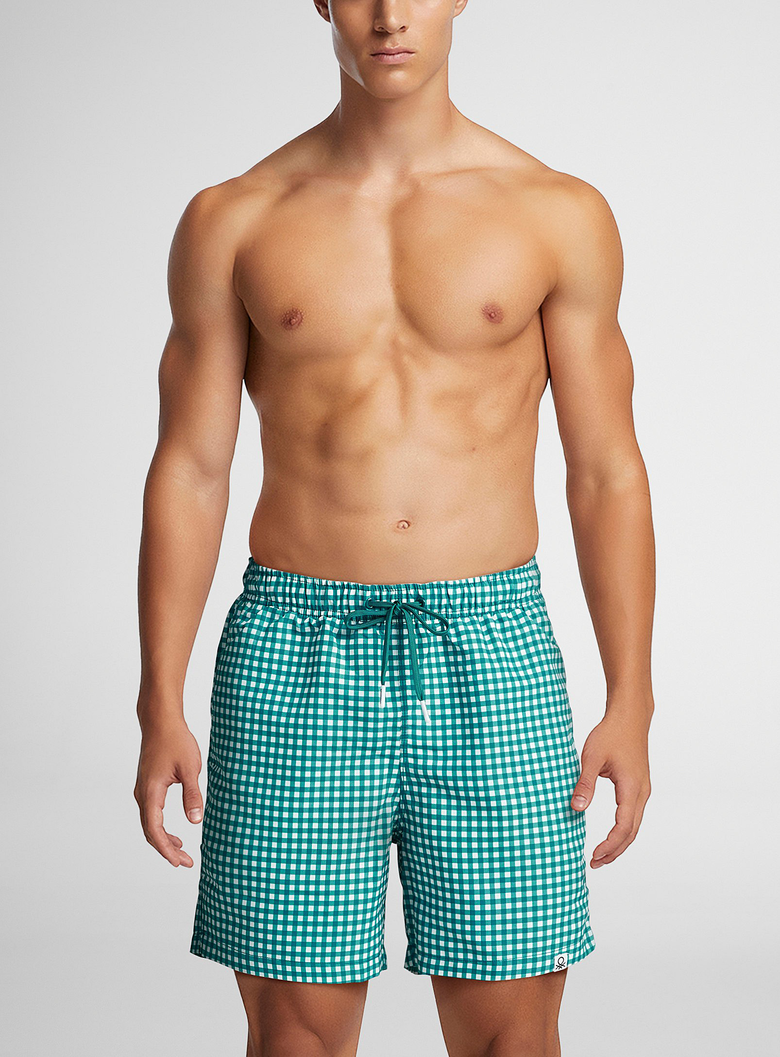 United Colors Of Benetton Sea-green Gingham Swim Trunk In Patterned Green